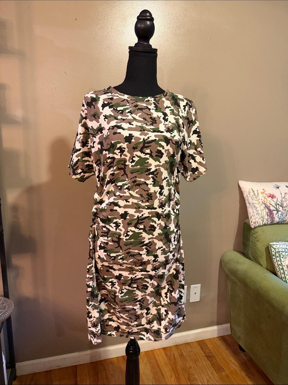 Women’s organic cotton Midi Dress in Green Camo Print